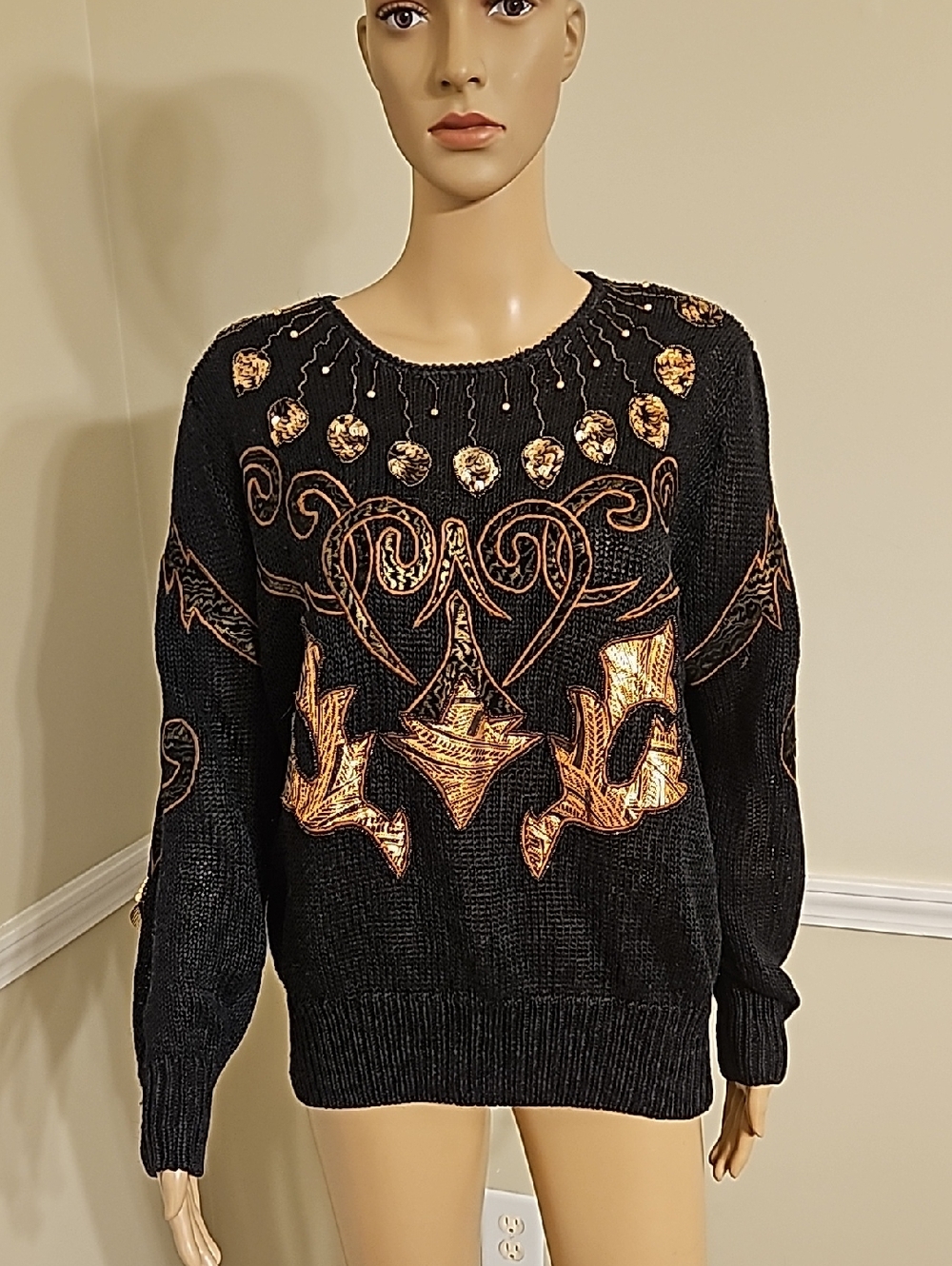 Black Crew Neck Vintage Sweater with Metallic Copper Motif